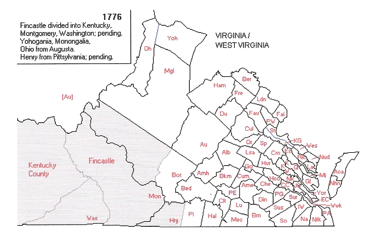 1776 county map for KY & VA
